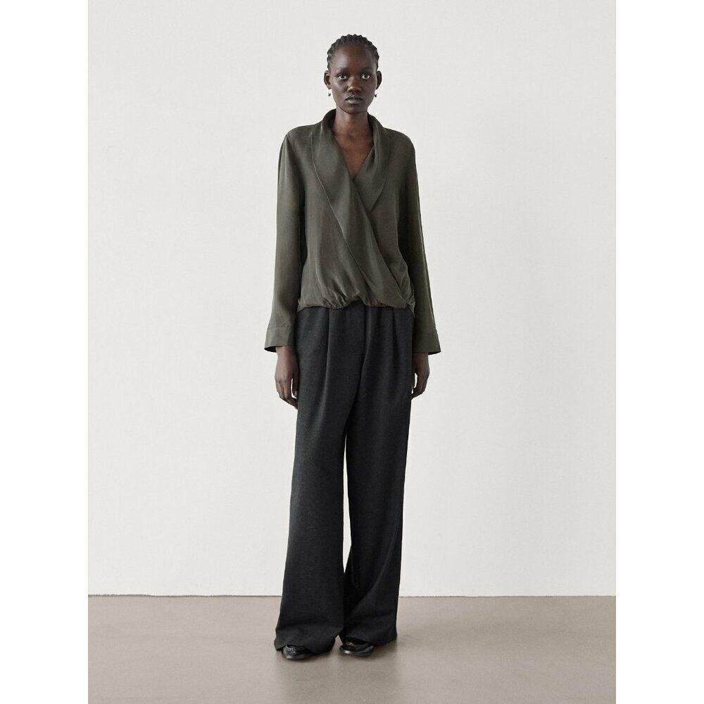 Massimo Dutti Womens Silk Top Blouse XS Green Surplice Neckline 5143/729 NWT